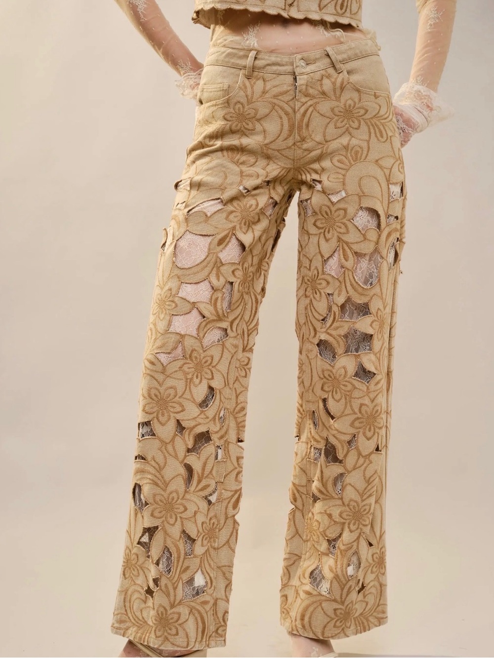 Women’s Beige Floral Lace Cutout Wide-Leg Pants